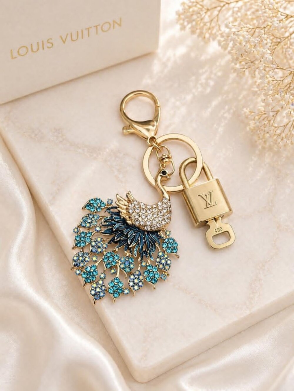 LV Gold Padlock 🔑 Authentic Louis Vuitton Charm + Unbranded Peacock Keychain